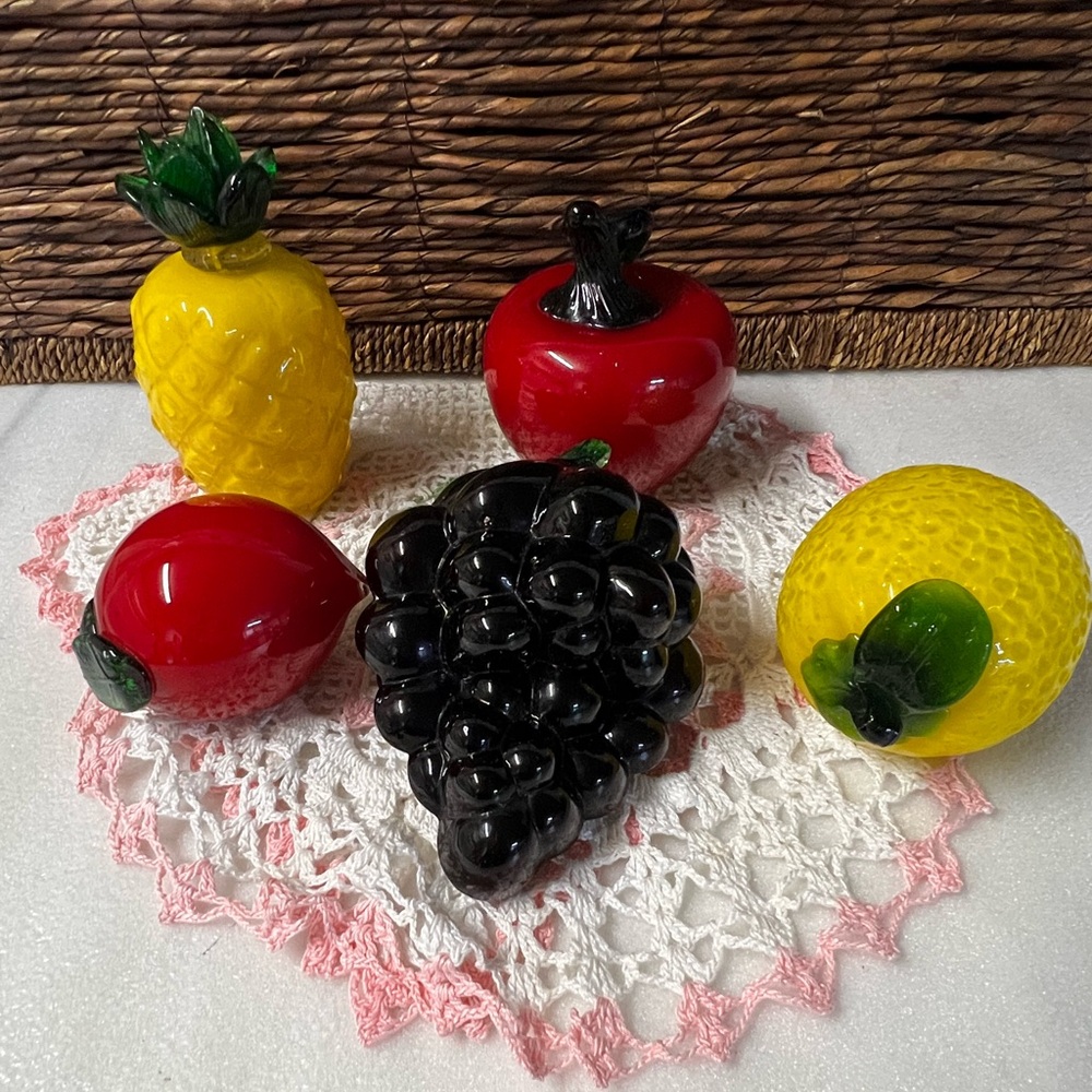 Vintage Mid-Century Murano Style Hand-Blown Art Glass Fruit Collection Set of 5